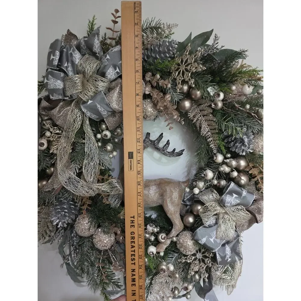 Handmade Christmas Wreath Deer Stag Gold Silver Berries Balls Ribbon 25